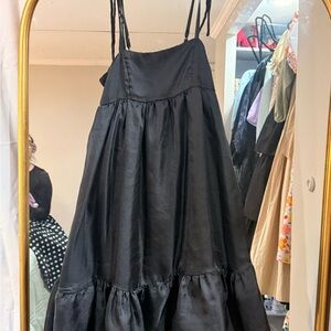 wild fable Black Satin Tiered Slip Dress with Spaghetti Straps